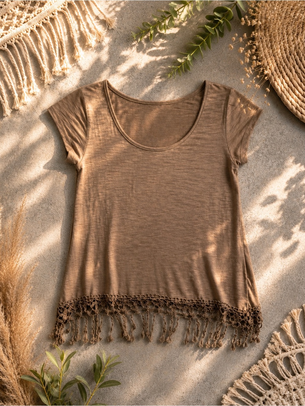 Roommates Tan Short Sleeve Top with Lace Hem